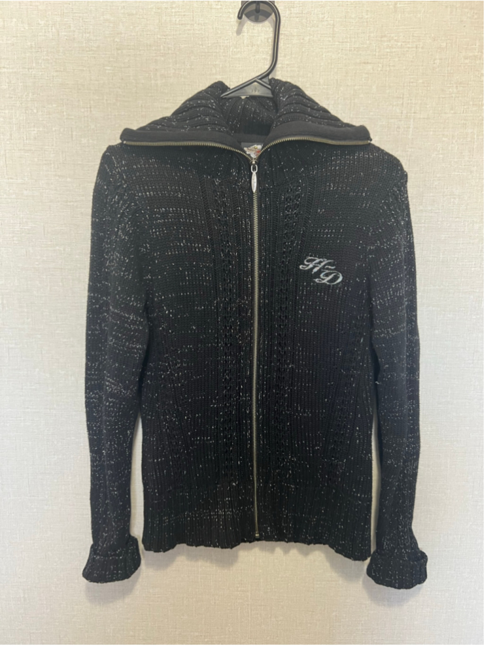 Harley Davidson Black Metallic Fitted Knit Zip Up Sweater With Embroidered Logo